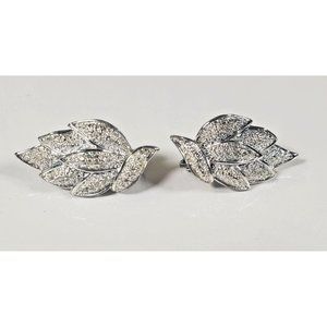 Coro Silver Tone Leaf Earrings Clip On Rhinestone Leaf Wedding Vintage